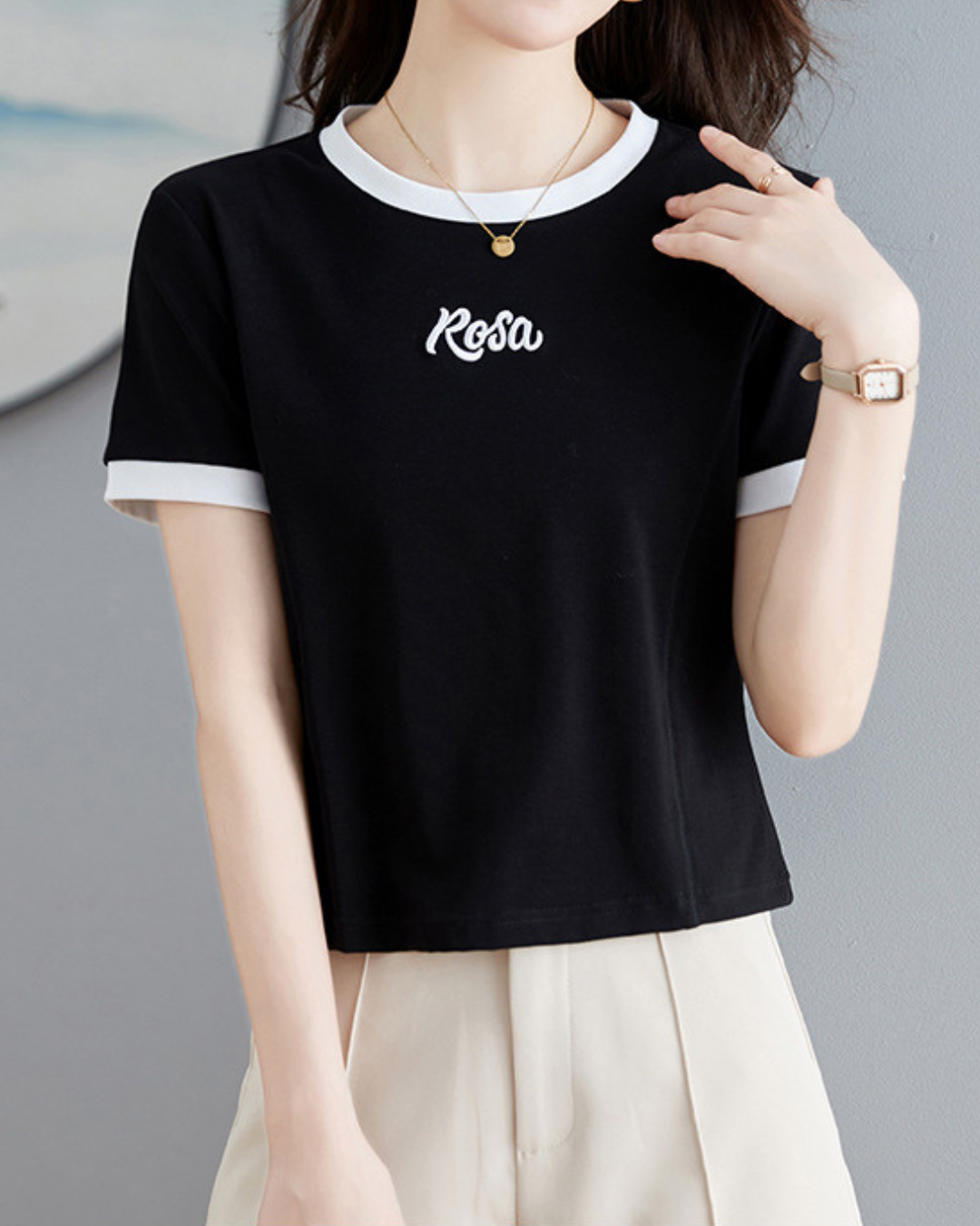 Rosa Contrast Trim Cotton T-Shirt