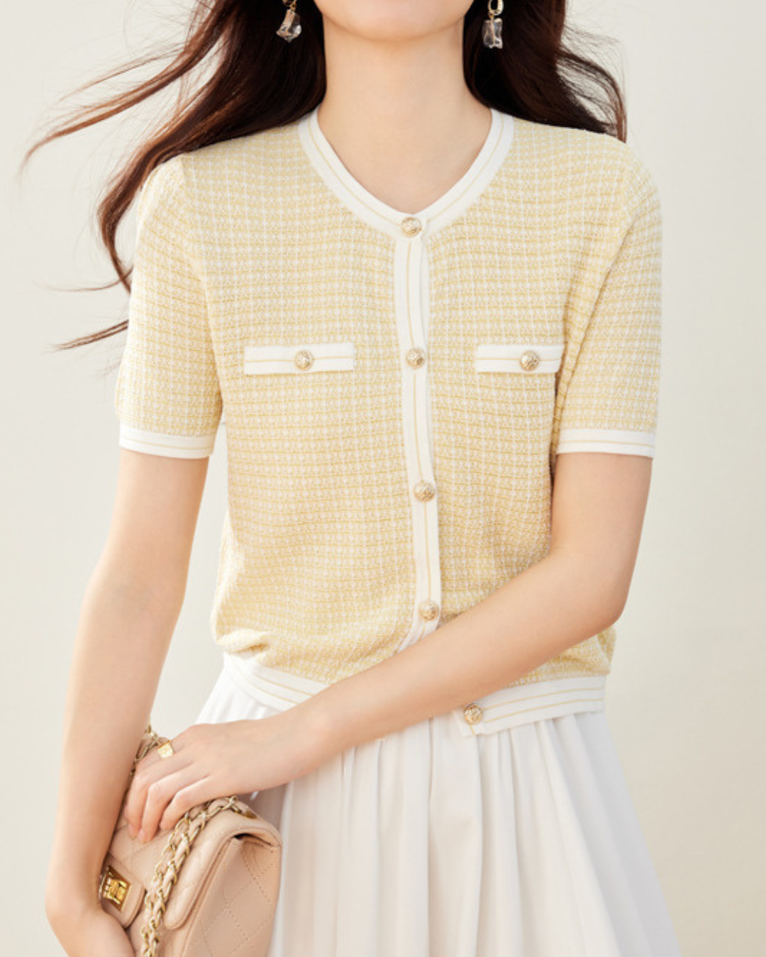 Maelle Tweed Trim Knit Tee