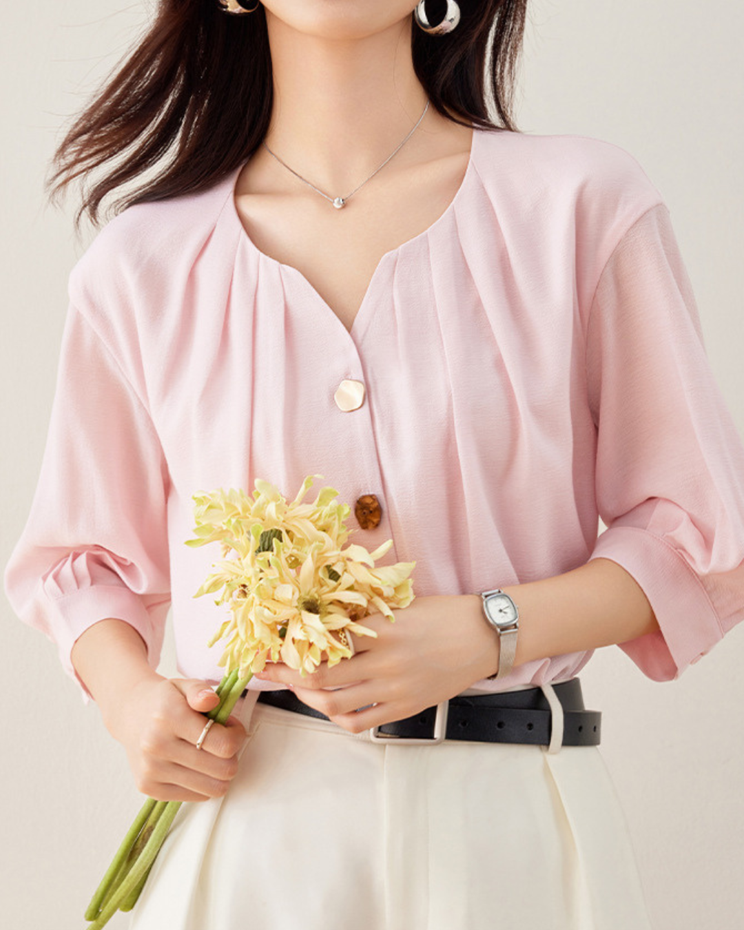 Elara Shell Button Drape Blouse