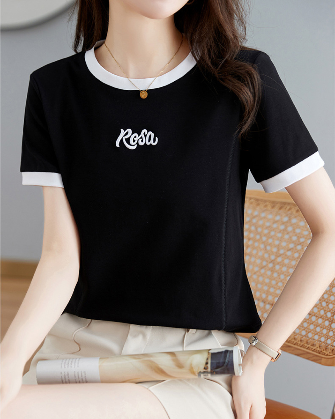 Rosa Contrast Trim Cotton T-Shirt