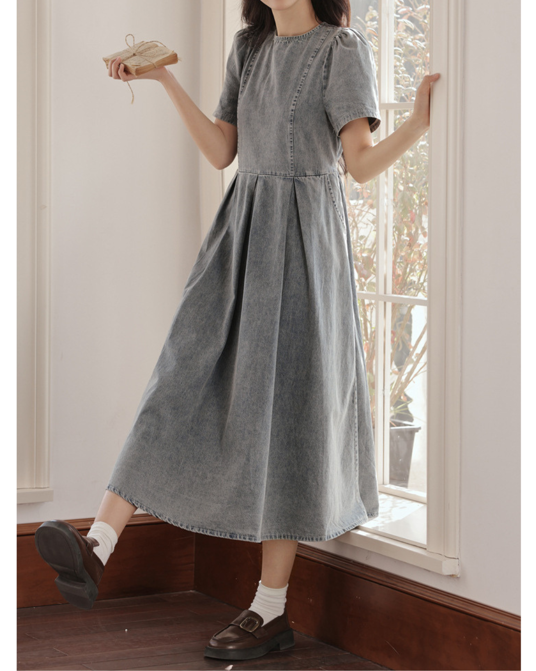 Elowen Gathered Denim Midi Dress