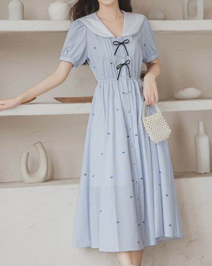 Elara Bow Stripe Midi Dress
