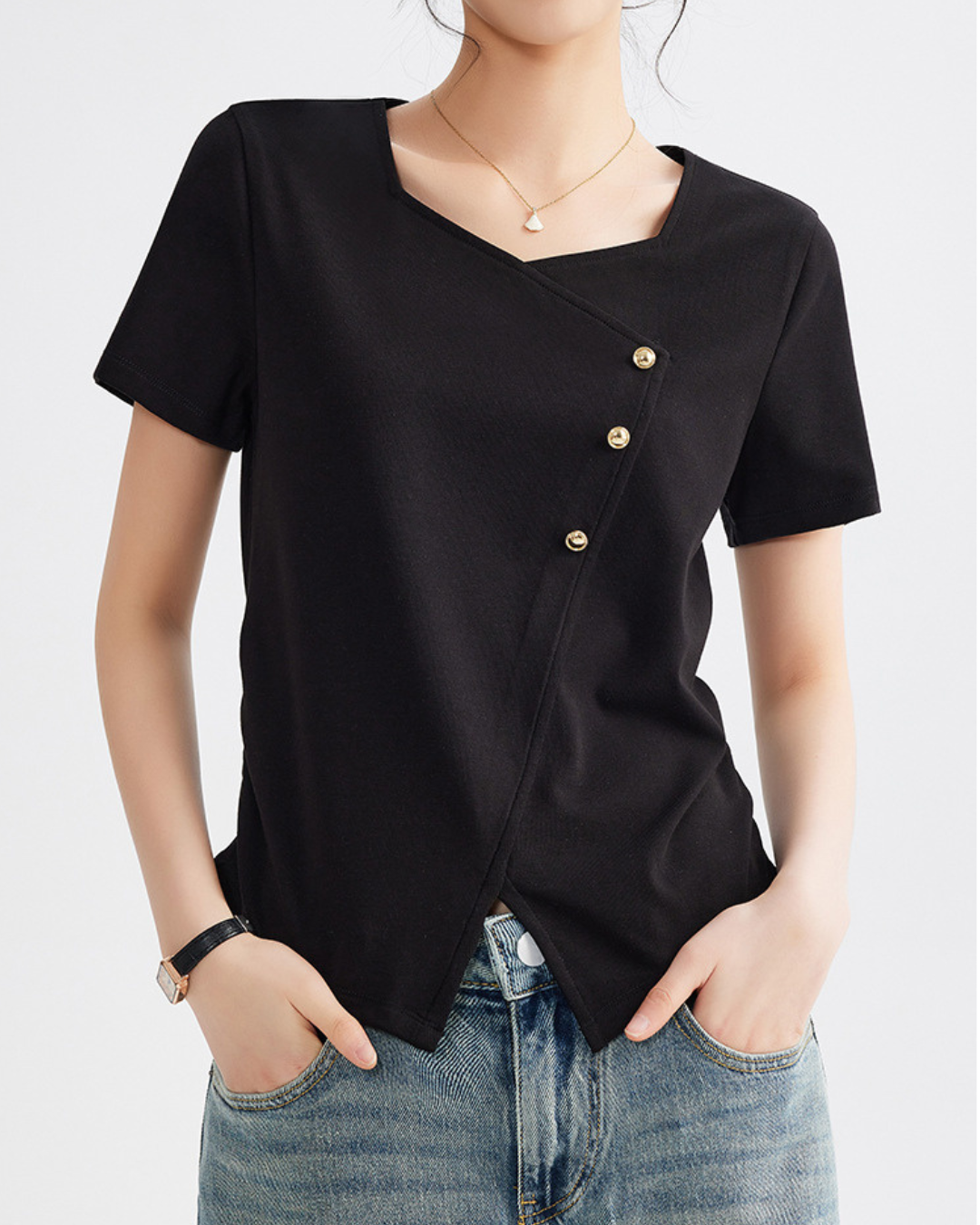 Mira Twist Button Draped T-Shirt