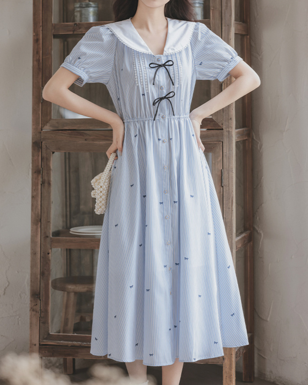 Elara Bow Stripe Midi Dress