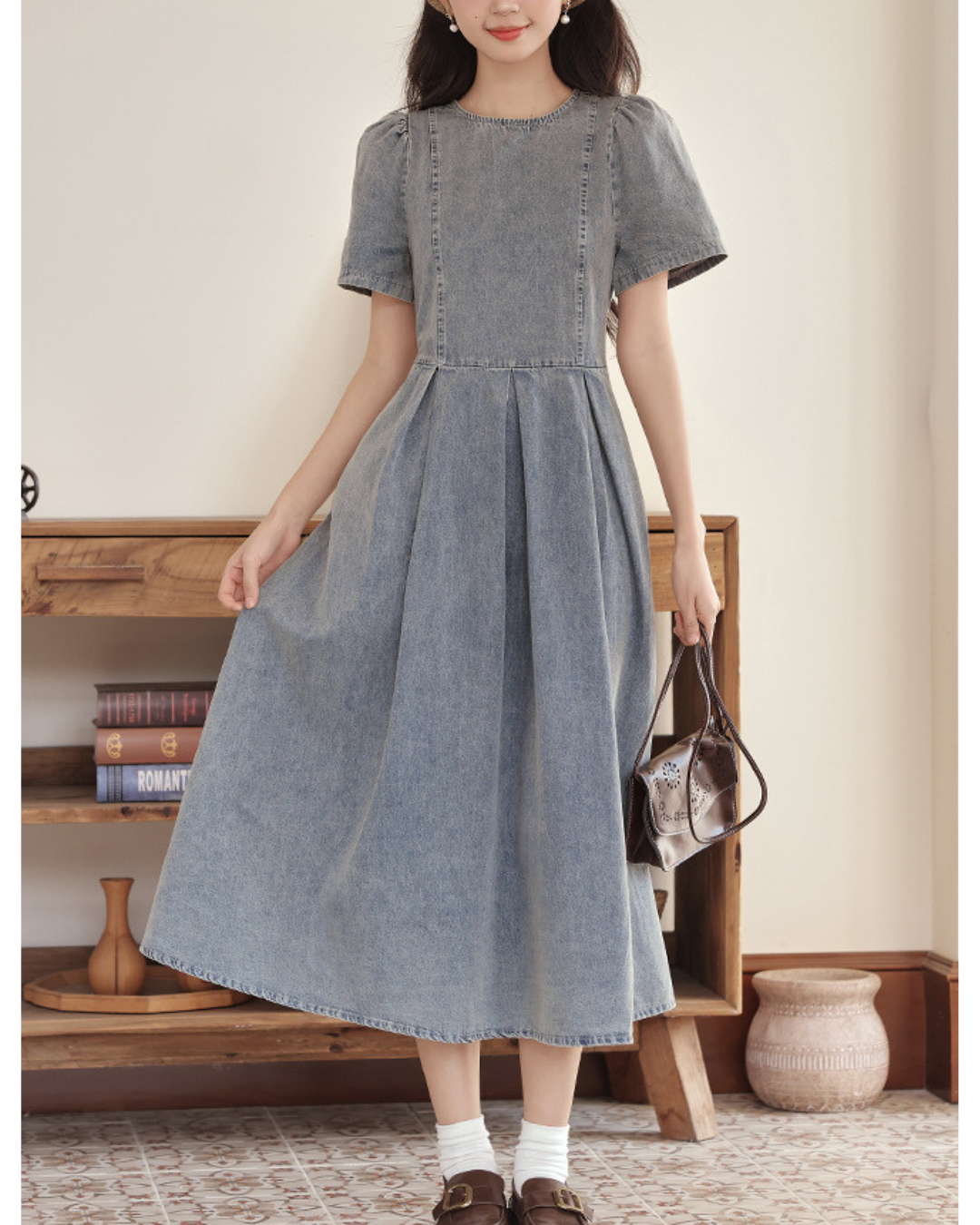 Elowen Gathered Denim Midi Dress