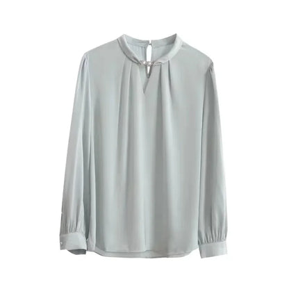 Elegant French Style Nichehalter Women's Pullover Top 2024 Spring New Neck Stand Collar Beaded Shirt Smooth Silk Ideal For Commu